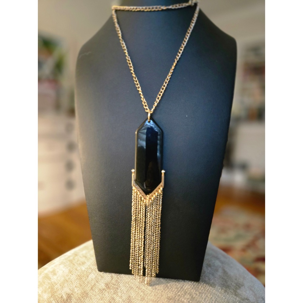 Black Stone Tassel Long Necklace Vintage